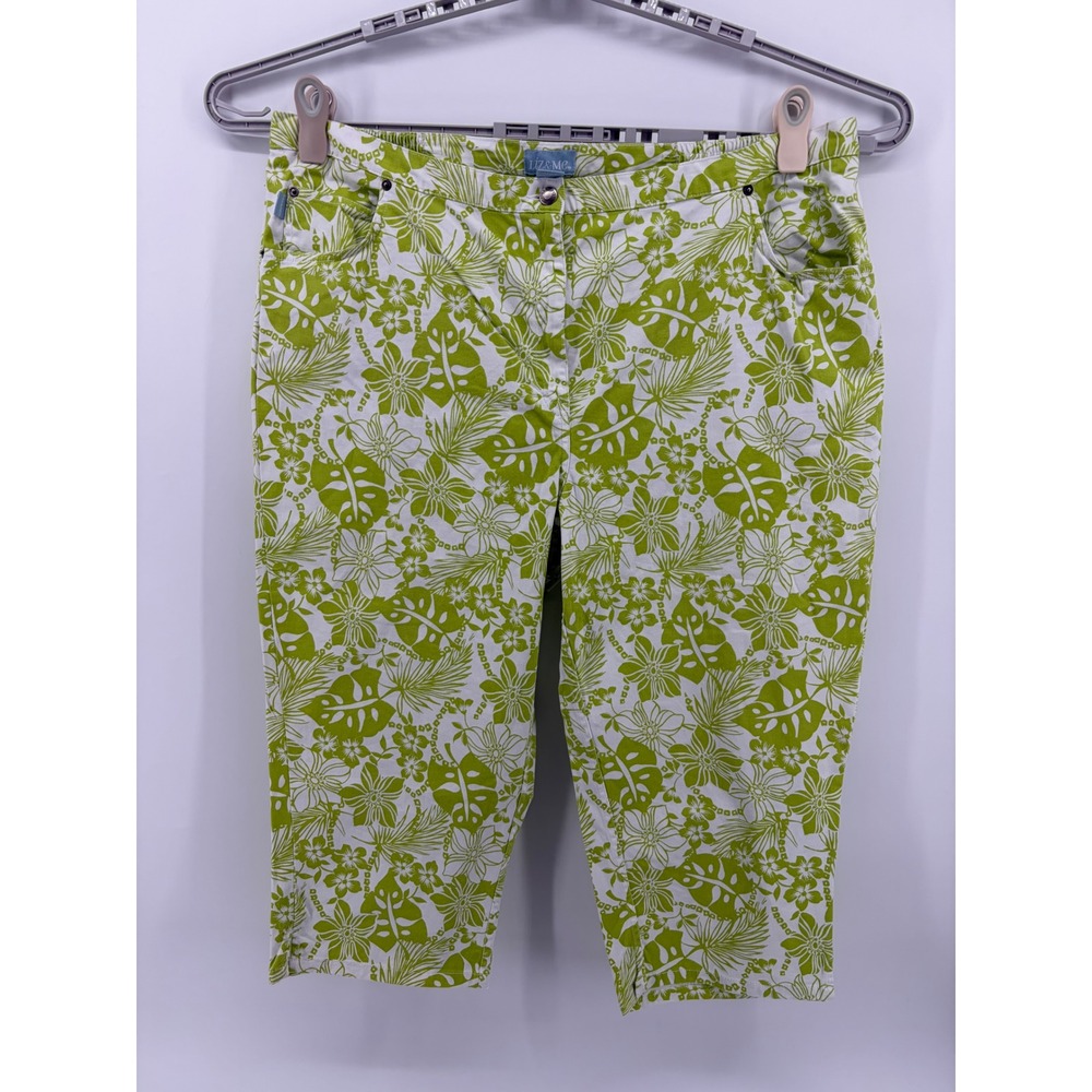 Liz & Me 24W Green White Tropical Floral Capri Pants Stretch Cotton Cropped